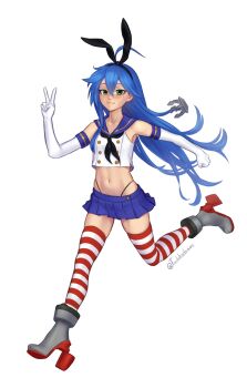 :3 absurdres ahoge bad_link black_hairband black_neckerchief black_panties blue_sailor_collar blue_skirt brown_eyes cosplay crop_top elbow_gloves full_body gloves green_hair hairband highleg highleg_panties highres izumi_konata kantai_collection long_hair microskirt miniskirt neckerchief panties pleated_skirt running sailor_collar shimakaze_(kancolle) shimakaze_(kancolle)_(cosplay) shirt simple_background skirt sleeveless sleeveless_shirt striped_clothes striped_thighhighs thighhighs tuchka twitter_username underwear v white_background white_gloves