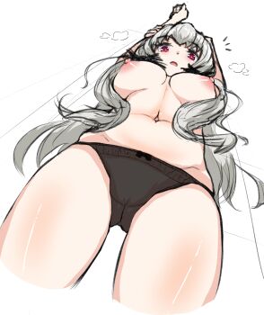 1girl aged_up arms_up black_panties blush bow bow_panties breasts breasts_apart cleft_of_venus cowboy_shot female_focus from_below grey_hair highres holding_own_arm large_breasts long_hair looking_at_viewer looking_down nipples no_bra open_mouth panties red_eyes simple_background solo sophie_twilight standing stretching surprised tonari_no_kyuuketsuki-san topless_female twintails uino_nikka underwear vampire white_background