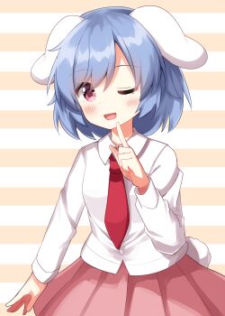 Rule 34 | 1girl, ;d, animal ears, blue hair, blush, collared shirt, commentary request, cowboy shot, floppy ears, hand up, highres, long sleeves, necktie, one eye closed, open mouth, pink skirt, pleated skirt, rabbit ears, red eyes, red necktie, reisen (touhou bougetsushou), ruu (tksymkw), shirt, short hair, skirt, smile, solo, striped background, touhou, two-tone background, white background, white shirt, yellow background