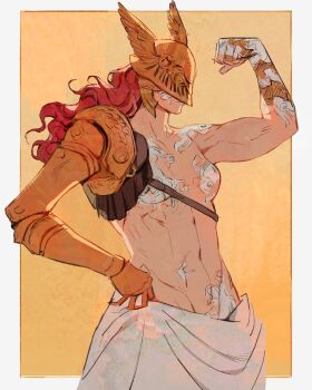 Rule 34 | 1girl, abs, biceps, border, commentary, cosplay, covered eyes, elden ring, flexing, groin, hand on own hip, helmet, helmet over eyes, highres, littlekhada7, malenia blade of miquella, mechanical arms, muscular, muscular female, navel, prosthesis, prosthetic arm, red hair, robe, single mechanical arm, solo, strap, untranslatable commentary, upper body, white border, winged helmet, yellow background