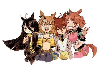 Rule 34 | 4girls, agnes tachyon (tach-nology) (umamusume), agnes tachyon (umamusume), ahoge, animal ears, bandeau, black coat, black gloves, black hair, black leggings, black necktie, black shrug, blue skirt, blush, bow, breasts, brown eyes, brown hair, checkered ribbon, cleavage, closed eyes, closed mouth, coat, collared shirt, dantsu flame (center spotlight) (umamusume), dantsu flame (umamusume), ear ornament, ear ribbon, ear tag, earrings, gloves, hair between eyes, hair ornament, hairclip, horse ears, horse girl, horse tail, jacket, jam (umamusume), jewelry, jungle pocket (champion's battle cry) (umamusume), jungle pocket (umamusume), junglespocket, lab coat, leggings, leggings under shorts, long bangs, long hair, long hair between eyes, long sleeves, looking at viewer, manhattan cafe (creeping shadow) (umamusume), manhattan cafe (umamusume), medium hair, midriff, multicolored hair, multiple girls, navel, necktie, notched ear, one eye closed, open clothes, open mouth, original, parted lips, pink shirt, pink shorts, shirt, short necktie, shorts, shrug (clothing), simple background, single earring, skirt, sleeves past fingers, sleeves past wrists, smile, sweater, sweater vest, tail, tied shirt, umamusume, umamusume: beginning of a new era, upper body, very long hair, white background, white coat, white hair, white shirt, wolf cut, yellow bandeau, yellow eyes, yellow jacket, yellow necktie, yellow sweater, yellow sweater vest