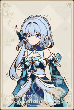 1girl bare_shoulders blue_dress blue_eyes blue_hair chinese_clothes chinese_commentary chinese_text closed_mouth commentary_request detached_sleeves dress english_text genius_invokation_tcg_(style) hair_ornament highres long_hair long_sleeves looking_at_viewer mixed-language_text musical_note niannian_youhao original pointy_ears smile solo