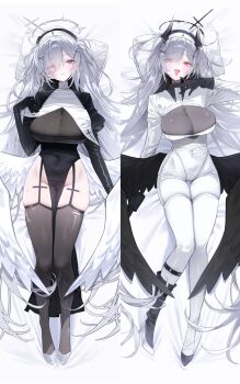 1girl :d amu1207 black_dress black_gloves black_halo black_shoes black_thighhighs black_veil black_wings blue_eyes blush bodysuit breasts cinderella_(nikke) cleavage closed_mouth commentary dakimakura_(medium) demon_horns dress feathered_wings garter_belt gloves goddess_of_victory:_nikke hair_over_one_eye halo hashtag-only_commentary highres horns large_breasts leotard long_hair long_sleeves multiple_views nun one_eye_closed open_mouth pelvic_curtain red_eyes see-through_cleavage see-through_clothes shoes smile solo symbol-only_commentary thighhighs twintails veil very_long_hair white_bodysuit white_hair white_halo white_leotard white_shoes white_wings wings