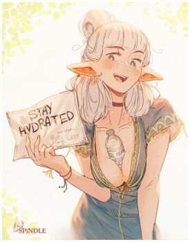 1girl :d absurdres artist_logo artist_name asimov_(spindle_(aidenr0)) between_breasts black_choker black_dress blunt_bangs blush body_freckles border bottle bottle_between_breasts breasts choker cleavage clothing_request collarbone commentary cowboy_shot dress earrings elf english_commentary female_focus fingernails freckles grey_hair hair_bun hand_up highres holding holding_paper jewelry logo long_dress long_hair looking_at_viewer loose_hair_strand medium_breasts meme mole mole_on_arm neuron_activation_(meme) open_mouth original paper pointy_ears pun short_sleeves single_hair_bun smile solo spindle_(aidenr0) teeth water_bottle white_border yellow_trim