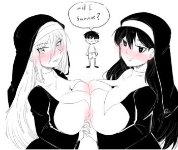 1boy 2girls black_eyes black_hair breasts brother_and_sister heart heart-shaped_pupils huge_breasts imminent_penetration incest large_breasts little_brother long_hair mari_(faraway)_(omori) mari_(omori) misa_fullmetal multiple_girls nipples nun older_sister omori short_hair shorts siblings sister sunny_(omori) symbol-shaped_pupils teenage_girl_and_younger_boy