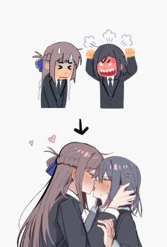 >_< 2girls anger_vein angry_boss_with_happy_family_irasutoyas_(meme) blush braid brown_hair chinese_commentary closed_eyes commentary_request grey_hair grey_jacket haidao_mao half_up_braid heart highres irasutoya jacket licking licking_another's_face long_hair long_sleeves medium_hair meme miyagi_shiori multiple_girls school_uniform sendai_hazuki shuuniichido_classmate_wo_kau_hanashi simple_background white_background yuri