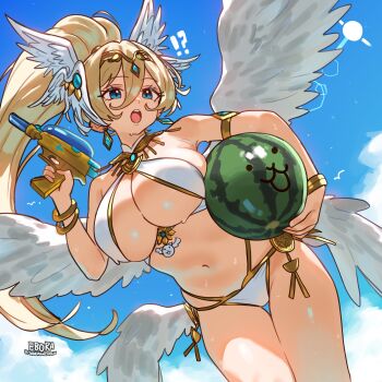 1girl absurdres angel_wings armlet bare_shoulders bikini blonde_hair blue_eyes blue_sky bracelet breasts circlet cleavage ebora gold_trim gun head_wings highres jewelry large_breasts long_hair navel nyanko_daisensou open_mouth ponytail sirius_(nyanko_daisensou) sky solo swimsuit thighs watermark weapon white_bikini wings