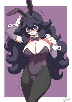 Rule 34 | 1girl, @ @, alternate breast size (larger), alternate costume, animal ears, bare shoulders, black hair, black pantyhose, border, bow, bowtie, breasts, cleavage, closed mouth, commentary request, curvy, detached collar, detached sleeves, fake animal ears, garloo, hair between eyes, hex maniac (pokemon), hex maniac (pokemon xy), highleg, highleg leotard, highres, large breasts, leotard, long hair, looking at viewer, nintendo, outside border, pantyhose, playboy bunny, pokemon, pokemon xy, purple background, purple bow, purple bowtie, purple eyes, purple leotard, purple sleeves, rabbit ears, shaded face, shiny clothes, signature, simple background, smile, solo, strapless, strapless leotard, thighs, very long hair, wavy hair, white border, wide hips, wrist cuffs