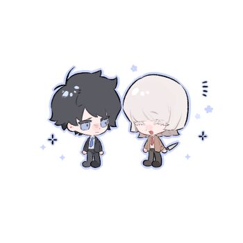 Rule 34 | 2boys, :d, akinashi haru, aluo762617151, antenna hair, arms at sides, black hair, black jacket, black suit, blue necktie, brown jacket, chibi, chibi only, closed eyes, collared shirt, colored eyelashes, commentary request, dress shirt, formal clothes, full body, happy, highres, holding, holding knife, jacket, knife, lapels, legs apart, looking at another, male focus, multiple boys, necktie, open mouth, red necktie, saihate eki, shirt, simple background, smile, sparkle, standing, suit, suit jacket, tatsunami shion, white background, white eyelashes, white hair, white shirt