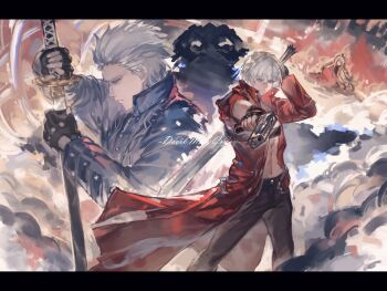 2boys absurdres asymmetrical_dual_wielding black_gloves black_pants blue_coat brothers chest_strap coat cowboy_shot dante_(devil_may_cry) devil_may_cry devil_may_cry_(series) devil_may_cry_3 drawing_sword dual_wielding fingerless_gloves gloves grey_hair gun hair_between_eyes highres holding holding_gun holding_sheath holding_sword holding_weapon long_coat male_focus midriff multiple_boys omegaantiworld pants red_coat sheath short_hair siblings sword upper_body vergil_(devil_may_cry) weapon