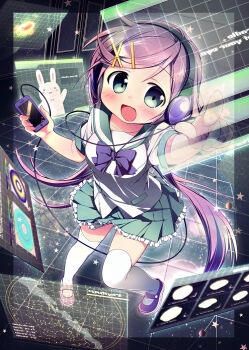 1girl apple_inc. blush bow digital_media_player female_focus floating_screen green_eyes hair_ornament hairclip headphones holographic_interface ipod mary_janes nagayama_yuunon open_mouth original pink_hair school_uniform shoes skirt smile solo thighhighs zettai_ryouiki