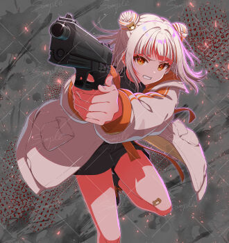 1girl abstract_background absurdres aiming bear_hair_ornament black_shorts black_sweater blonde_hair clenched_teeth coat commentary_request double_bun finger_on_trigger foot_out_of_frame gun hair_bun hair_ornament handgun highres holding holding_gun holding_weapon indie_virtual_youtuber jacket long_sleeves multicolored_hair open_clothes open_jacket orange_eyes orange_streaks short_hair shorts solo streaked_hair suruga_tou sweater teeth turtleneck turtleneck_sweater virtual_youtuber weapon yuzuki_kiiro