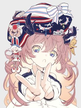 Rule 34 | 1girl, bare shoulders, blue eyes, bow, charm (object), clothing cutout, commentary request, double v, dress, hat, highres, horns, long hair, looking at viewer, open mouth, original, pink hair, shoulder cutout, solo, sumi keiichi, turban, v