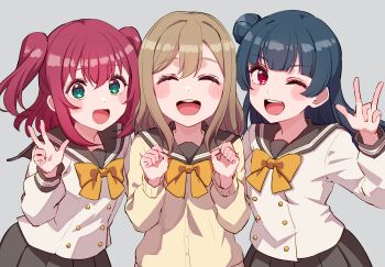 3girls :d ;d ^_^ absurdres aqua_eyes blue_hair blunt_bangs blush bow bowtie brown_hair buttons cardigan closed_eyes commentary cream_(nipakupa) double-breasted double-parted_bangs facing_viewer grey_background grey_sailor_collar grey_skirt hair_bun highres kunikida_hanamaru kurosawa_ruby long_hair long_sleeves looking_at_viewer love_live! love_live!_sunshine!! medium_hair multiple_girls one_eye_closed open_mouth pleated_skirt red_eyes red_hair sailor_collar school_uniform serafuku sidelocks simple_background single_side_bun skirt smile symbol-only_commentary tsushima_yoshiko two_side_up upper_body uranohoshi_school_uniform w winter_uniform yellow_bow yellow_bowtie yellow_cardigan