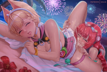 2girls alice_thymefield alice_thymefield_(sea_of_thyme) animal_ears beach blonde_hair blush braid braided_twintails breasts cloud cunnilingus dress_swimsuit exlic eyewear_on_head facial_mark female_ejaculation female_orgasm fireworks flower green_eyes hair_ornament heart heart-shaped_eyewear heart_facial_mark long_hair multiple_girls naked_towel night ocean official_alternate_costume one-piece_swimsuit oral orgasm outdoors palm_tree pink_one-piece_swimsuit rabbit_ears rabbit_girl red_hair sand sky sphere_hair_ornament sweat swimsuit thigh_strap towel tree twintails two-tone_one-piece_swimsuit ukinami_yuzuha ukinami_yuzuha_(tanuki_in_broad_daylight) very_long_hair water white_one-piece_swimsuit yuri zenless_zone_zero