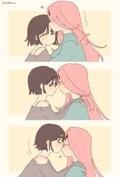 2girls alien_stage black_hair blue_sweater blush closed_eyes closed_mouth coldmeow commentary grey_shirt heart highres kiss kissing_forehead kissing_nose long_hair long_sleeves mizi_(alien_stage) multiple_girls off-shoulder_shirt off_shoulder pink_eyes pink_hair shirt sleeves_past_wrists sua_(alien_stage) sweater twitter_username yellow_background yellow_eyes yuri
