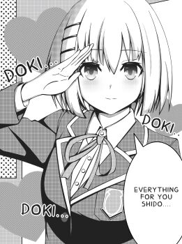 Rule 34 | 1girl, absurdres, blazer, breasts, collared shirt, date a live, hair ornament, hairclip, halftone, highres, jacket, lapels, long sleeves, looking at viewer, medium breasts, monochrome, neck ribbon, raizen high school uniform, ribbon, salute, school uniform, shirt, short hair, skirt, skyielovk48, smile, solo, speech bubble, tobiichi origami, white skirt