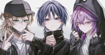 Rule 34 | 3boys, albedo (genshin impact), aqua eyes, black hair, black hat, black hood, black jacket, black sweater, blonde hair, closed mouth, durin (genshin impact), genshin impact, hashtag-only commentary, hat, headphones, highres, hood, hood up, jacket, long hair, long sleeves, male focus, mask, mouth mask, multiple boys, pink hair, purple eyes, red eyes, scaramouche (genshin impact), shirt, smile, sweater, touyu 1210, track jacket, turtleneck, turtleneck sweater, v, wanderer (genshin impact), white shirt