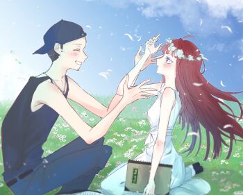 1boy 1girl ahoge backwards_hat baseball_cap black_tank_top blue_hat blue_pants blunt_bangs blush brown_eyes buzz_cut closed_eyes cloud cloudy_sky commentary_request day denim dress facing_another feathers field floating_hair flower flower_field from_side grass hand_up hands_up hat head_wreath hetero holding holding_sketchbook iori_junpei jeans long_hair looking_up on_grass outdoors outstretched_arms pants parted_lips persona persona_3 profile red_hair sakizome short_hair silver_chain sitting sketchbook sky sleeveless sleeveless_dress smile tank_top very_short_hair white_dress white_feathers white_flower wind yokozuwari yoshino_chidori