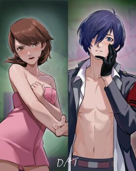 1boy 1girl absurdres accidental_pervert armband bare_arms bare_shoulders belt black_gloves black_jacket blue_eyes blue_hair blush breasts brown_belt brown_eyes brown_hair collarbone covering_breasts covering_privates cowboy_shot da-cart flipped_hair gloves hair_between_eyes hair_over_one_eye highres jacket medium_breasts medium_hair naked_jacket naked_towel open_clothes open_jacket persona persona_3 pink_lips red_armband s.e.e.s short_hair slap_mark standing takeba_yukari tears towel twitter_username upper_body water_drop yuuki_makoto_(persona_3)