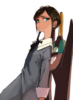 1girl :&lt; against_wall aonuma_neiru aqua_eyes blue_eyes blue_ribbon braid brown_hair closed_mouth coffeekite collar dark-skinned_female dark_skin dot_mouth dress female_focus flat_chest green_eyes grey_dress hair_ornament hairclip highres leaning_back long_sleeves neck_ribbon no_nose raised_eyebrow ribbon simple_background single_braid solo tsurime white_background white_collar wonder_egg_priority