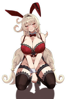 1girl alice_(genshin_impact) animal_ears black_thighhighs blonde_hair bow bowtie bra breasts cleavage commentary covering_crotch covering_privates fake_animal_ears genshin_impact highres kneeling large_breasts long_hair looking_at_viewer midriff navel pointy_ears rabbit_ears red_bow red_bowtie red_bra red_eyes simple_background smile solo sylux thighhighs underwear very_long_hair white_background