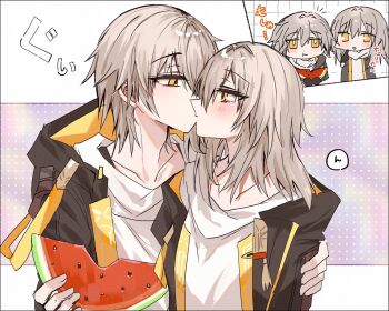 1boy 1girl black_coat black_gloves black_jacket blush border caelus_(honkai:_star_rail) closed_mouth coat collarbone commentary_request dual_persona eating fingerless_gloves food fruit gloves grey_hair hair_between_eyes hands_up hetero highres holding holding_food holding_fruit holding_watermelon honkai:_star_rail honkai_(series) hood hooded_coat jacket kinona kiss lapels long_hair long_sleeves looking_at_another mg_mg multiple_views notice_lines open_clothes open_coat open_jacket open_mouth outside_border polka_dot polka_dot_background purple_background selfcest shirt short_hair sidelocks smile speech_bubble stelle_(honkai:_star_rail) t-shirt tassel trailblazer_(honkai:_star_rail) two-sided_coat two-sided_fabric upper_body watermelon watermelon_slice white_border white_shirt yellow_coat yellow_eyes