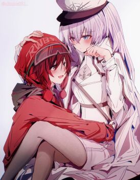 akane031 arms_around_waist blue_eyes blush crossed_legs gradient_hair grey_eyes hand_on_another's_head highres long_hair military_uniform multicolored_hair open_mouth pantyhose ruby_rose rwby short_hair sitting weiss_schnee white_hair winter_clothes yuri