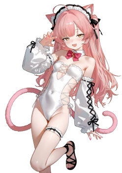 Rule 34 | 1girl, absurdres, animal ears, bow, breasts, cat ears, cat girl, cat tail, commentary request, commission, cross-laced clothes, detached collar, detached sleeves, eco 376124, highres, indie virtual youtuber, leotard, long hair, munmosshu, pink hair, pixiv commission, revision, simple background, small breasts, solo, tail, virtual youtuber, white background