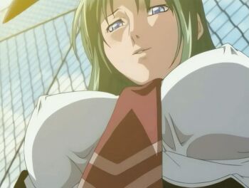 00s 1girl 2005 animal_ears animated animated_gif bible_black bible_black_only blue_eyes breasts fence green_hair ito_mika large_breasts long_hair necktie nipple_stimulation outdoors rabbit_ears school school_roof school_rooftop school_uniform sunset tagme