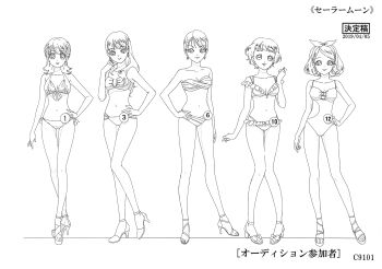 Rule 34 | 5girls, absurdres, bikini, bikini skirt, bishoujo senshi sailor moon, bishoujo senshi sailor moon crystal, bow, breasts, reference sheet, cleavage, dated, earrings, full body, hair bow, hair ornament, hand on own hip, highres, jewelry, long hair, looking at viewer, monochrome, multiple girls, navel, official art, one-piece swimsuit, sandals, scan, short hair, side-tie bikini bottom, size comparison, size difference, solo, swimsuit, toei company, translation request, very long hair, wide hips