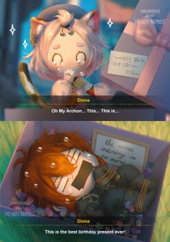 1boy 1girl absurdres animal_ears artist_name beret bound bound_arms bound_legs box cat_ears cat_girl cat_tail commentary covered_mouth diluc_(genshin_impact) diona_(genshin_impact) english_commentary english_text genshin_impact gift gift_box hat highres klee_(genshin_impact) pink_hair red_hair tail tears valerieks white_eyes