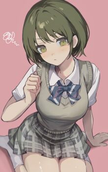 1girl :/ blue_bow blue_bowtie blush bow bowtie commentary_request diagonal-striped_bow diagonal-striped_bowtie diagonal-striped_clothes green_eyes green_hair grey_skirt grey_sweater_vest highres idolmaster idolmaster_shiny_colors looking_at_viewer nanakusa_nichika pink_background plaid_clothes plaid_skirt pleated_skirt rana5_1052 school_uniform shirt short_hair short_sleeves simple_background sitting skirt socks solo squiggle striped_bow striped_bowtie striped_clothes sweater_vest wariza white_shirt white_socks