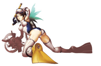 1girl all_fours arm_up armpits ass black_hair bodysuit breasts cameltoe covered_erect_nipples diving_mask diving_mask_on_head diving_suit elbow_gloves english_text female_focus flippers from_behind gloves goggles goggles_on_head highres impossible_clothes looking_back machine original scuba shiny_clothes short_hair skin_tight snorkel solo thighhighs tomoyuki_kotani trefoil wetsuit white_thighhighs yellow_eyes