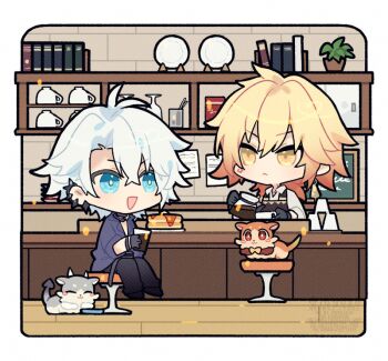 2boys antenna_hair apron black_apron black_gloves black_pants black_shirt blonde_hair blue_eyes braid cafe chimera_(honkai:_star_rail) collared_shirt commentary_request cup earclip facial_tattoo food gloves gradient_hair holding holding_cup honkai:_star_rail honkai_(series) lay0x0 male_focus medium_hair multicolored_hair multiple_boys mydei_(delicacies)_(honkai:_star_rail) mydei_(fig_stew)_(honkai:_star_rail) mydei_(honkai:_star_rail) neck_tattoo official_alternate_costume pancake pancake_stack pants parted_bangs phainon_(fashion)_(honkai:_star_rail) phainon_(honkai:_star_rail) phainon_(vigethos)_(honkai:_star_rail) plate red_hair red_tattoo shirt short_hair side_braid tattoo white_hair yellow_eyes