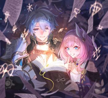 1boy 1girl ahoge armor bare_shoulders blue_eyes book breasts coat cyrene_(aedes_elysiae)_(honkai:_star_rail) cyrene_(honkai:_star_rail) dress hair_ornament highres honkai:_star_rail honkai_(series) jewelry necklace open_book pauldrons phainon_(honkai:_star_rail) pink_hair purple_coat short_hair shoulder_armor single_pauldron small_breasts smile tanemaki_monaka white_coat white_dress white_hair