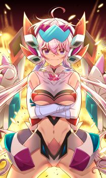 1girl absurdres ahoge arms_under_breasts blue_hair breasts closed_mouth commentary_request cowboy_shot crossed_arms crossed_bangs explosion glint hair_between_eyes headgear highres huleito large_breasts long_hair looking_at_viewer multicolored_hair navel pink_hair purple_eyes senki_zesshou_symphogear senki_zesshou_symphogear_xd_unlimited smug solo split_mouth standing symphogear_pendant v-shaped_eyebrows very_long_hair yukine_chris