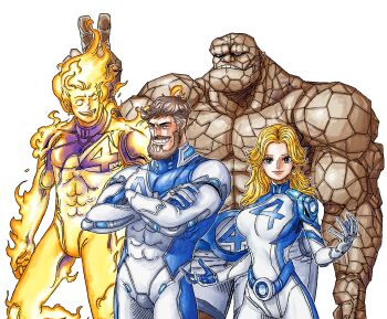 1girl 3boys abs beard ben_grimm blonde_hair blue_bodysuit blue_eyes bodysuit breasts brother_and_sister brown_hair bunny_ears_prank burning clenched_teeth cowboy_shot crossed_arms earrings eiichiroyoda facial_hair fantastic_four fiery_hair fire golem grey_hair grin hand_up hands_up highres hoop_earrings human_torch jewelry johnny_storm large_breasts long_hair marvel marvel_rivals multicolored_bodysuit multicolored_hair multiple_boys muscular muscular_male number_print oda_eiichirou_(style) open_mouth parody parted_lips reed_richards short_hair shorts siblings single_earring smile style_parody sue_storm superhero_costume teeth two-tone_bodysuit two-tone_hair v white_background white_bodysuit white_shorts