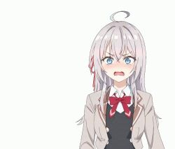 1girl ahoge alisa_mikhailovna_kujou animated animated_gif black_skirt black_vest blazer blue_eyes blush bow bowtie breasts brown_jacket collared_shirt dot_nose embarrassed female_focus grey_hair jacket long_hair long_sleeves looking_back medium_breasts miniskirt multiple_expressions open_mouth pleated_skirt red_bow red_bowtie school_uniform shirt shirt_under_vest simple_background skirt solo solo_focus teeth tokidoki_bosotto_roshia-go_de_dereru_tonari_no_alya-san vest white_background white_shirt
