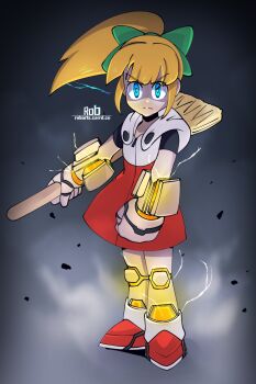 1girl absurdres blonde_hair blue_eyes broom commentary dress english_commentary fighting_stance full_body glowing glowing_eyes grey_background high_ponytail highres holding holding_broom long_hair mega_man:_dual_override mega_man_(classic) mega_man_(series) ponytail red_dress rob_(robarts) roll_(mega_man) serious simple_background solo