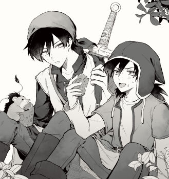 1other 2boys bandana belt boots cheese commentary_request dragon_quest dragon_quest_vii dragon_quest_viii food greyscale hat hat_flaps hero_(dq7) hero_(dq8) highres holding holding_food in-franchise_crossover leaf male_focus medium_hair monochrome mouse_(animal) multiple_boys munchie_(dq8) open_mouth pants sato_sio_(si00x) short_hair sitting spiked_hair sword sword_on_back tongue tongue_out tunic weapon weapon_on_back white_background