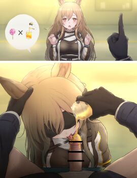 1boy 1girl animal_ear_fluff animal_ears arknights arms_up bar_censor bee between_legs black_gloves black_jacket blindfold blonde_hair blush breasts brown_jacket buckle bug candy censored ceobe_(arknights) dog_ears dog_girl drooling facing_viewer fellatio food gloves hair_between_eyes hand_on_another&#039;s_head hetero highres honey infection_monitor_(arknights) insect jacket jar just_the_tip large_breasts licking licking_penis liquid lollipop long_hair long_sleeves messy_hair molestation motion_lines no_pants oral pale_skin penis pointing pointing_up pouring pouring_onto_self pov precum reber red_eyes saliva shirt sitting sparkle sparkling_eyes speech_bubble speed_lines spoken_object spread_legs symbol-shaped_pupils tongue tongue_out white_jacket white_shirt wrist_cuffs