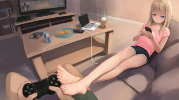 1girl barefoot blonde_hair blouse blue_eyes cable cellphone computer controller couch dark_souls_(series) dolphin_shorts feet foot_focus foreshortening highres kuroshiro00 laptop loli long_hair looking_at_viewer original phone pink_shirt shirt short_shorts shorts smartphone t-shirt table television toes