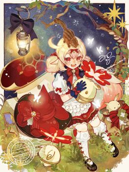 1girl absurdres animal animal_on_head black_shoes blonde_hair blue_gloves bow bowtie bug butterfly commentary dodoco_(genshin_impact) genshin_impact glove_bow gloves hair_bow hanging_lantern hat highres insect jumpy_dumpty klee_(blossoming_starlight)_(genshin_impact) klee_(genshin_impact) looking_at_viewer misoshiru_umai4 on_head open_mouth pointy_ears red_bow red_bowtie red_eyes shoes signature socks squirrel twitter_username unworn_hat unworn_headwear white_socks