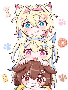 3girls :3 absurdres ahoge animal_ear_fluff animal_ears bandaid bandaid_hair_ornament blonde_hair blue_bow blue_eyes blue_hair blue_hairband blush bone bone_hair_ornament bow brown_hair closed_mouth commentary_request crossed_arms crossed_bangs dog_ears dog_girl double-parted_bangs fake_horns fang fangs fuwawa_abyssgard grin hair_between_eyes hair_ornament hairband hairpin hands_on_another&#039;s_head highres hololive hololive_english horn_hairband human_tower inugami_korone looking_at_viewer lying medium_hair mococo_abyssgard multicolored_hair multiple_girls object_request open_mouth paw_print pink_eyes pink_hair pink_hairband red_bow red_eyes shirt short_hair short_sleeves simple_background sleeve_bow smile stacking streaked_hair tsuyoshi_(normal811) upper_body virtual_youtuber white_background yellow_shirt