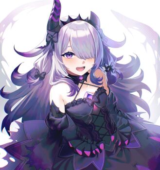 1girl :d backlighting black_dress broken_horn chest_jewel detached_sleeves dress fake_horns flat_chest grey_hair hair_flaps hair_over_one_eye hair_ribbon halter_dress halterneck hashtag-only_commentary highres hololive hololive_english horns koseki_bijou koseki_bijou_(gore_magala) long_sleeves looking_at_viewer lukaa official_alternate_costume open_mouth purple_eyes ribbon smile solo tress_ribbon virtual_youtuber
