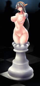 1girl absurdres amputee armless_amputee armpits blush breasts brown_eyes chess_piece chessboard cleft_of_venus collarbone colored_skin completely_nude dark_background double-parted_bangs double_amputee furrowed_brow grey_hair grey_skin groin hair_between_eyes hairclip haruna_(kancolle) headgear highres kantai_collection large_breasts large_variant_set legs_together linea_alba lips long_hair long_sidelocks looking_at_viewer multicolored_skin navel ningyoushi nipples nude parallel_hairclips parted_lips partial_transformation perky_breasts petrification planted_legs pussy restrained shiny_nipples shiny_skin sidelocks solo tears thick_eyelashes toned toned_female transformation variant_set very_long_hair