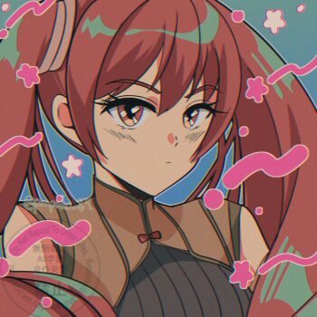 1girl breasts brown_tunic closed_mouth fire_emblem fire_emblem_awakening hair_between_eyes highres long_hair looking_at_viewer nintendo ponpoko89 red_eyes red_hair severa_(fire_emblem) sleeveless solo star_(symbol) tunic twintails upper_body