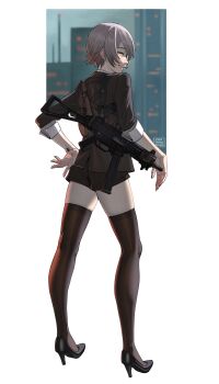 1girl absurdres artist_name black_nails black_shoes black_thighhighs blonde_hair brown_hair brown_jacket brown_shorts commentary_request full_body girls'_frontline girls'_frontline_2:_exilium glock grin gun gun_sling h&amp;k_ump handgun high_heels highres holstered jacket leva_(girls'_frontline_2) looking_at_viewer official_alternate_costume official_alternate_hair_length official_alternate_hairstyle puto_trash shoes short_hair shorts simple_background smile solo standing submachine_gun teeth thighhighs ump45_(girls'_frontline) weapon yellow_eyes