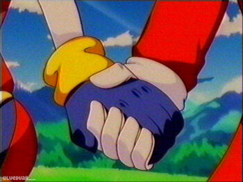 1990s_(style) 1boy 1girl blue_gloves blue_sky caine_(the_amazing_digital_circus) cloud commentary day gloves grass holding_hands lueduar outdoors pomni_(the_amazing_digital_circus) retro_artstyle sky symbol-only_commentary the_amazing_digital_circus twitter_username vhs_artifacts watermark white_gloves